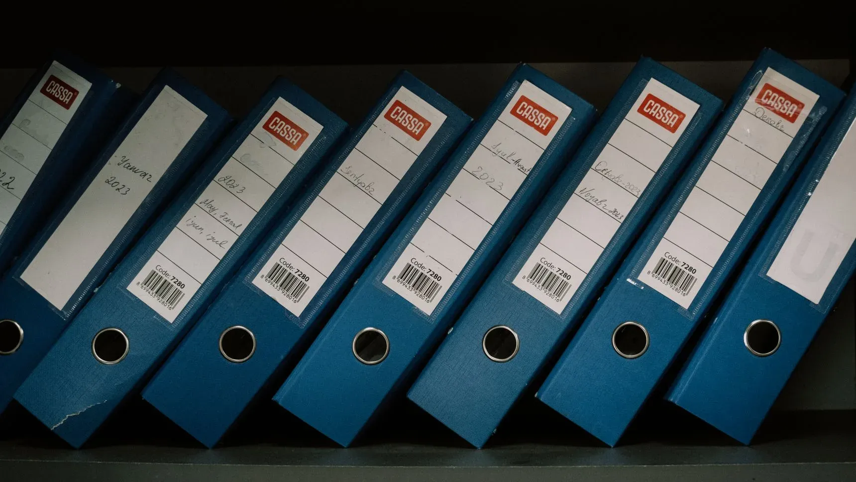 Blue ring binders labelled by year, arranged side by side on a shelf